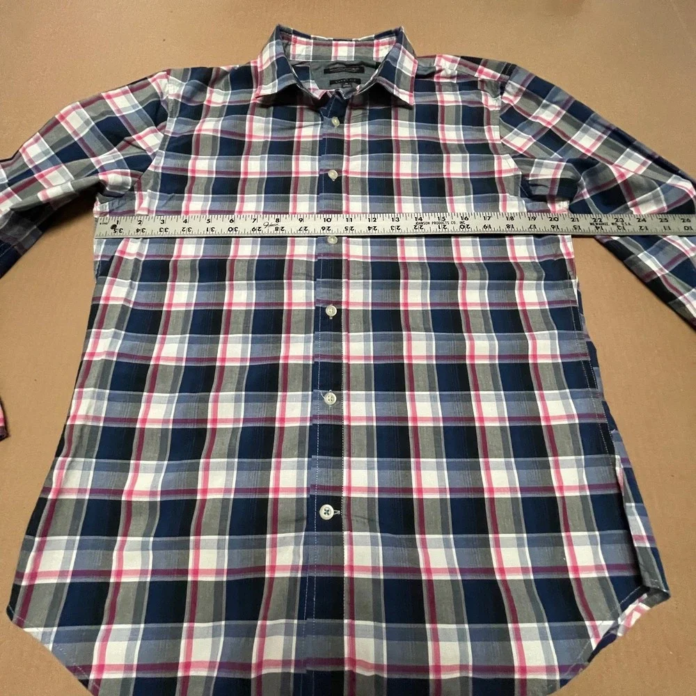 Banana Republic Men's M Grant‎ Fit Shirt Navy Pink Blue Plaid Oxford EUC